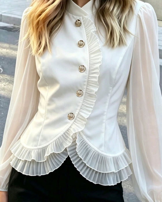 Blus Mini Mandarin Krage Sheer Ruffle