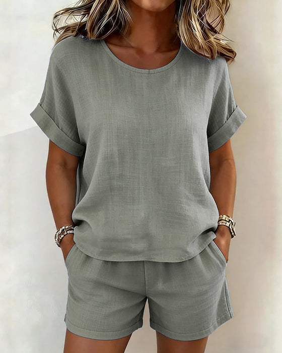 Set Solid Rund Hals Kort Ärm Shorts