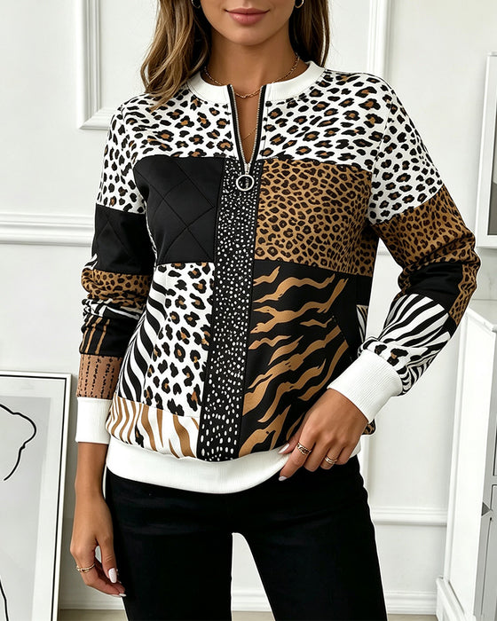 Sweatshirt Dragkedja Leopard Prickigt Mönster