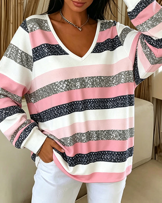 Sweatshirt V-Hals Färgblock Rand Casual