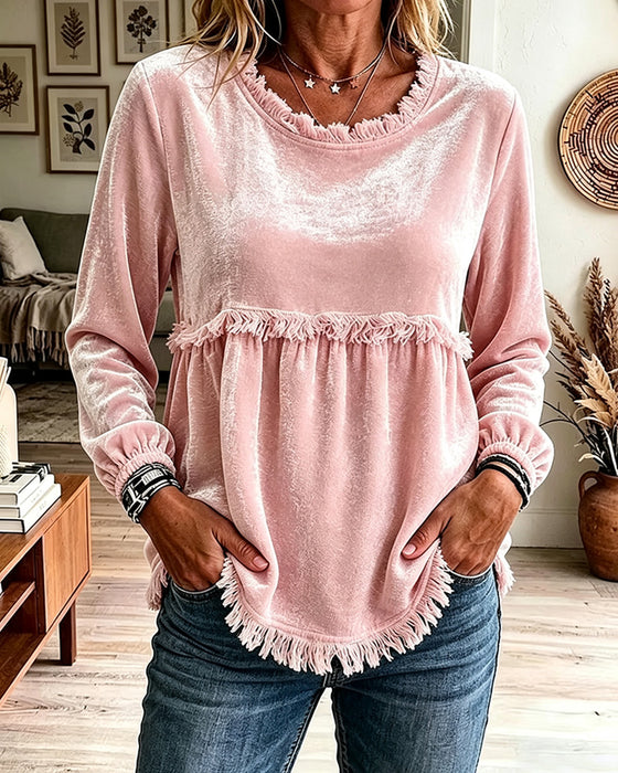 Blus Fringe Rynkad Panel Lång Ärm