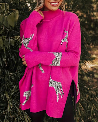 Snygg lös höghalsad tröja med leopardtryck