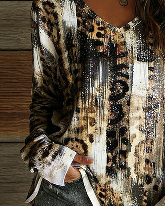 T-Shirt V-Hals Leopard Tryck Gradient Lång Ärm