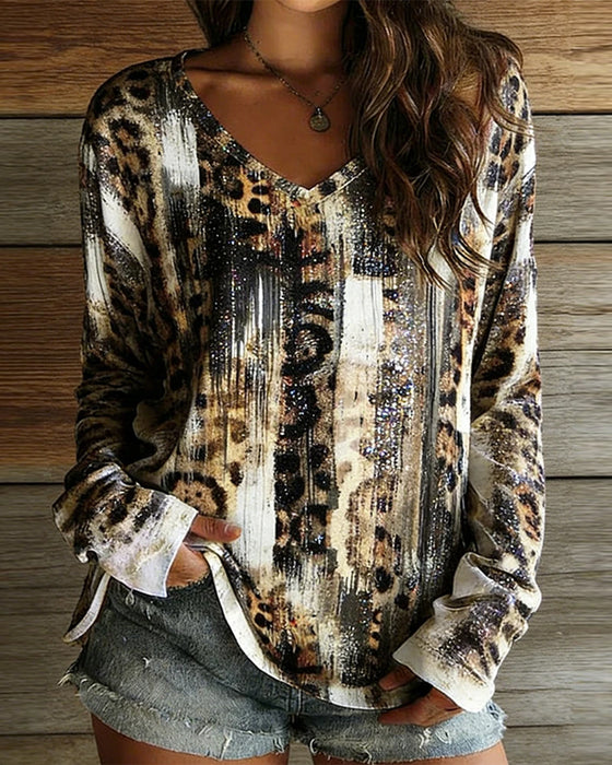 T-Shirt V-Hals Leopard Tryck Gradient Lång Ärm