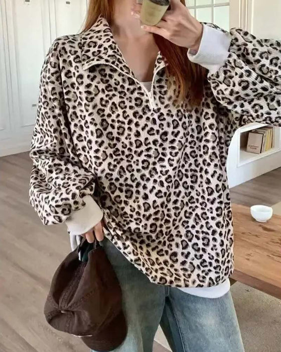 Sweatshirt Dragkedja Leopard Casual
