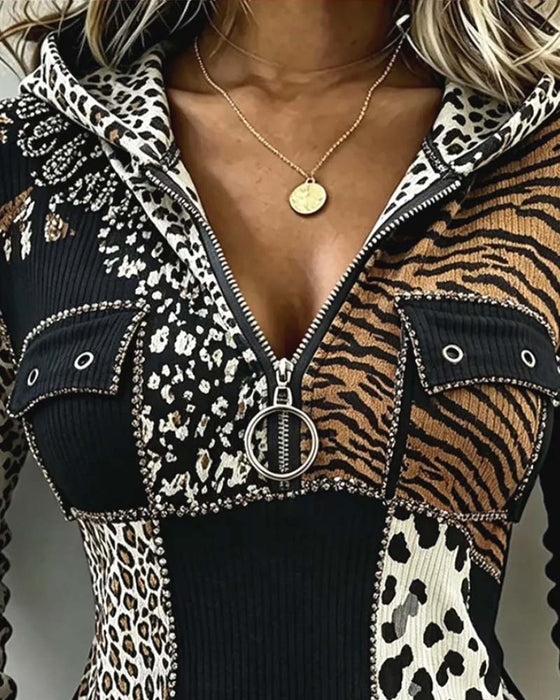 Topp Leopard Patchwork Halv Dragkedja Huvförsedd