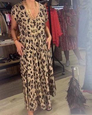 Klädning V-Hals Leopard Kort Ärm