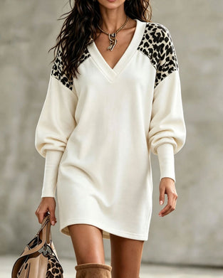 Klänning V-Hals Leopardmönster Lykta Ärm Pullover