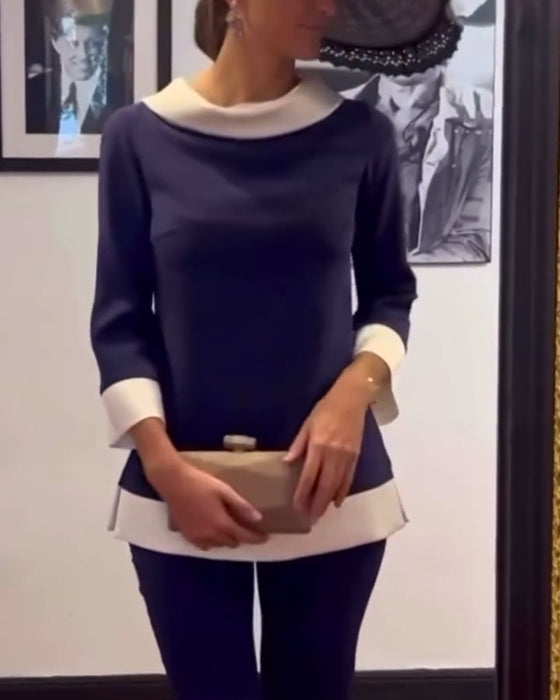 Casual kontrastfärgad lös topp med stativkrage