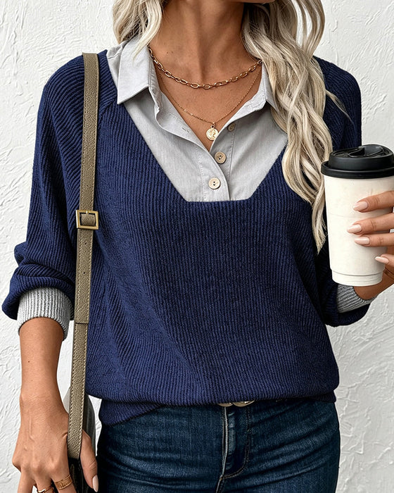 Knit Top Med Kontrasterande Krage Långärmad
