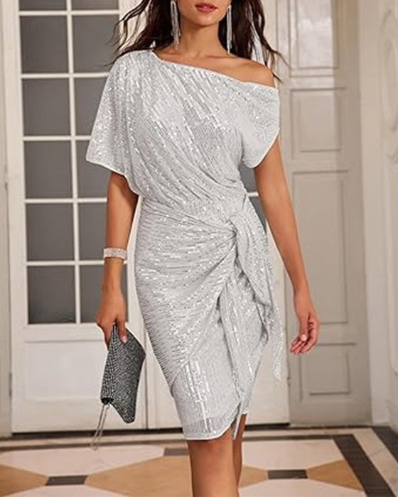 V-ringad off-shoulder paljett elegant klänning