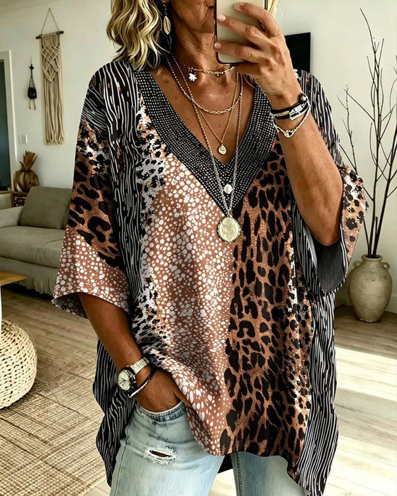 Topp V-Hals Leopard Prick Färgblock