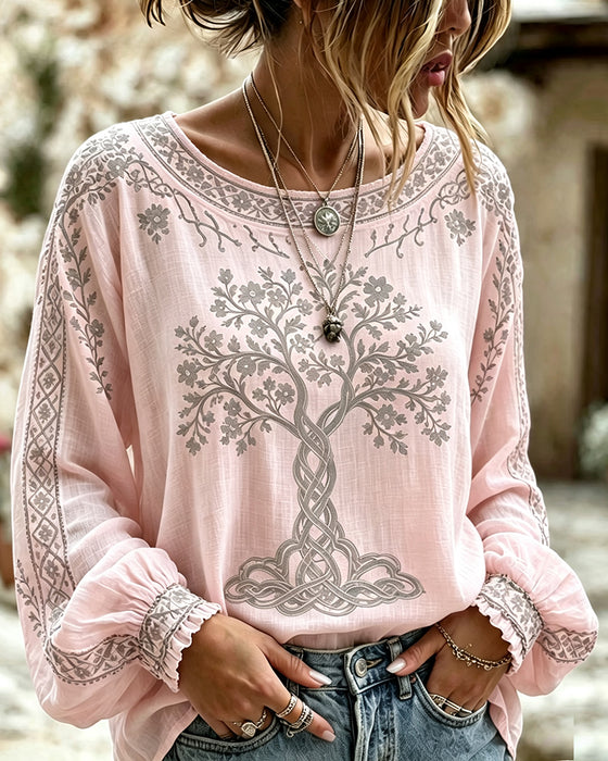 Blus Rundhalsad Träd Tryck Casual