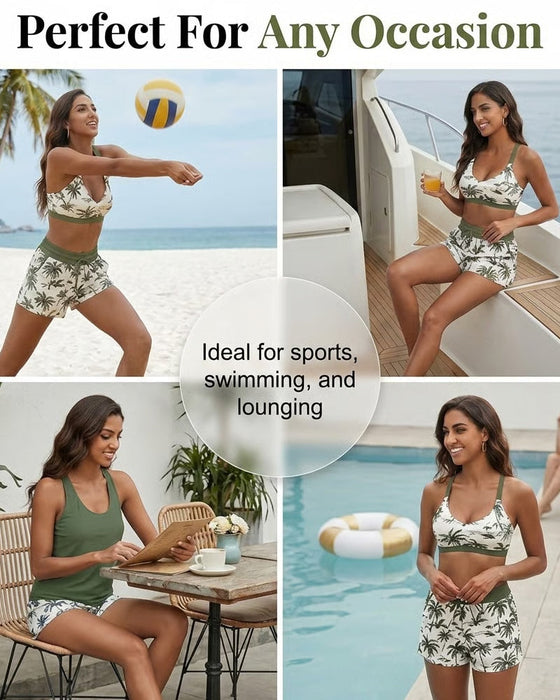 Omslag Och Bikini Crisscross Ärmlös Topp + Dragsko Tryckta Byxor För