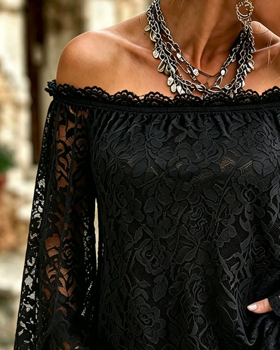 Topp Off-Shoulder Spets Patchwork Löss
