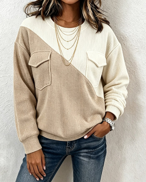 Sweatshirt Asymmetrisk Ficka Casual Rundhals