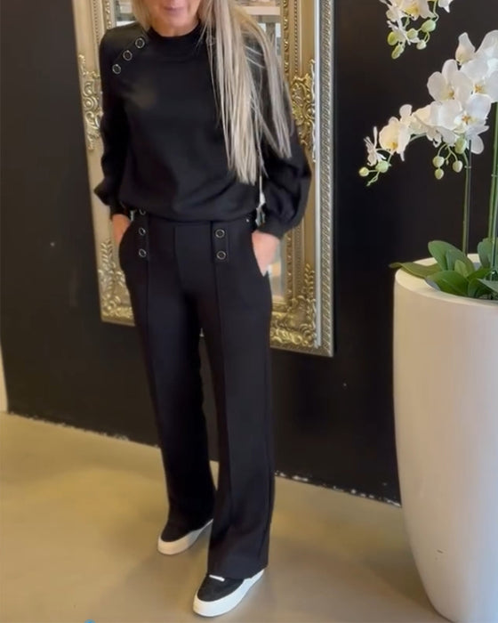 Tvådelat set - enfärgad blus och byxor med rund hals