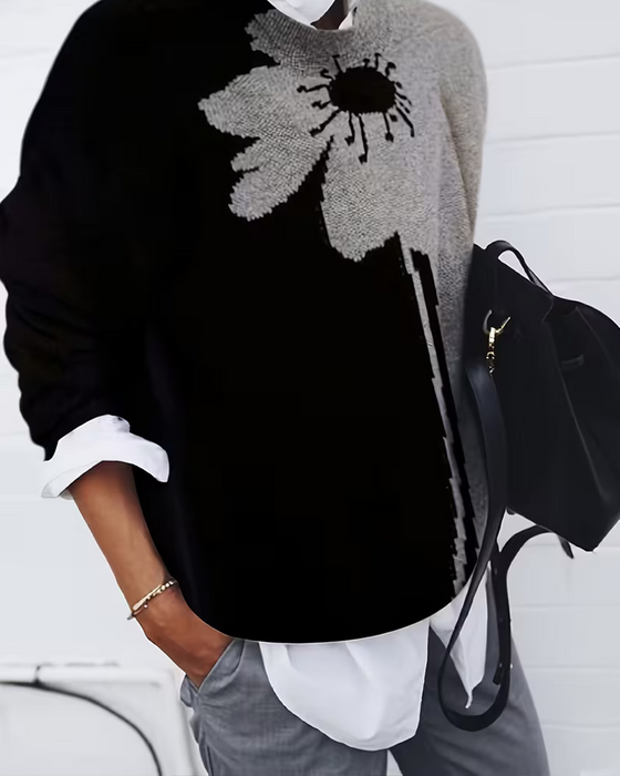 Pullover Färgblock Stor Blommig Jacquard Runda Halsen