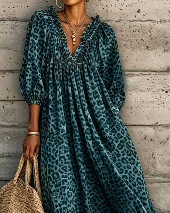 Klänning Leopard Tryck V-Hals Puff Ärm