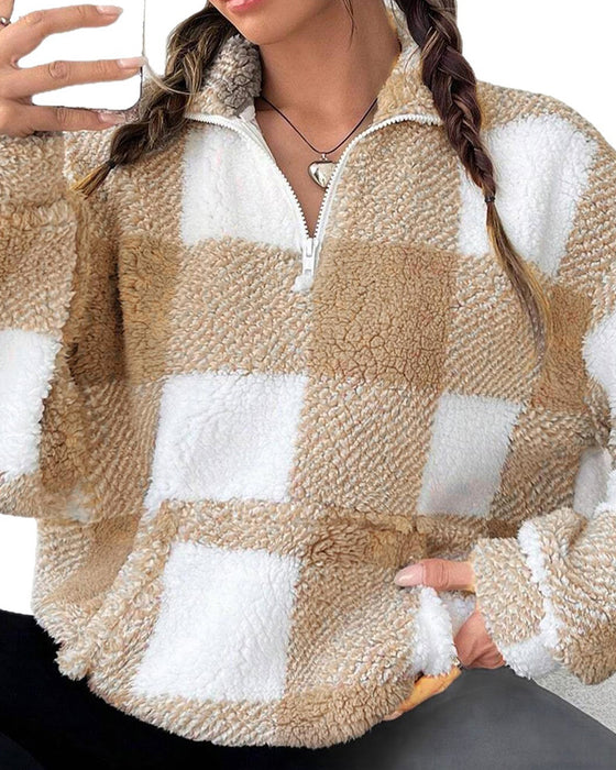 Sweatshirt Halv-Zip Ståkrage Rutmönster