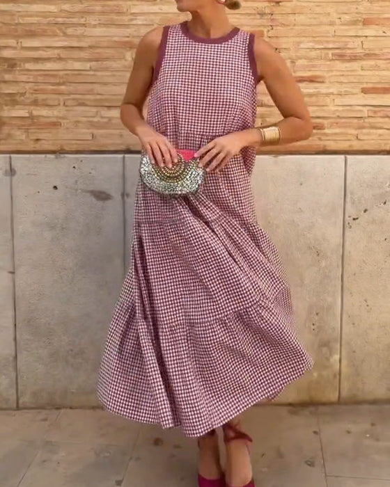 Klänning Rund Hals Plaid Ärmlös