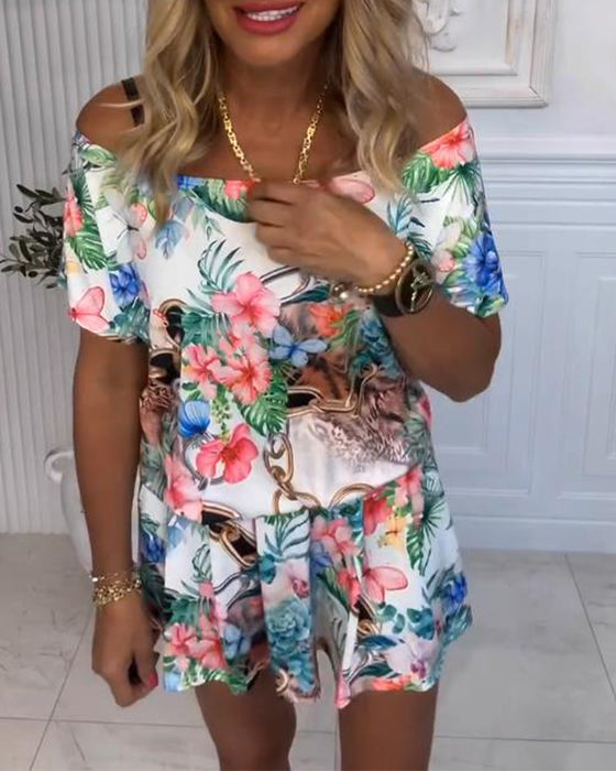 Jumpsuit Med Växt och Blom Mönster, Off - the - Shoulder Stil