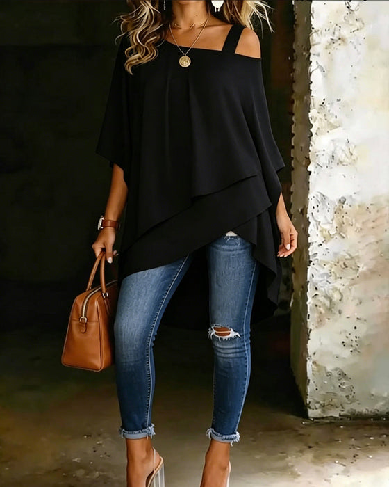 Blus Asymmetrisk Cold Shoulder Enfärgad Avslappnad
