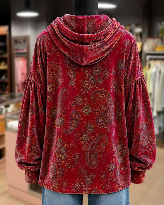 Hoodie Paisley Tryck Sammet