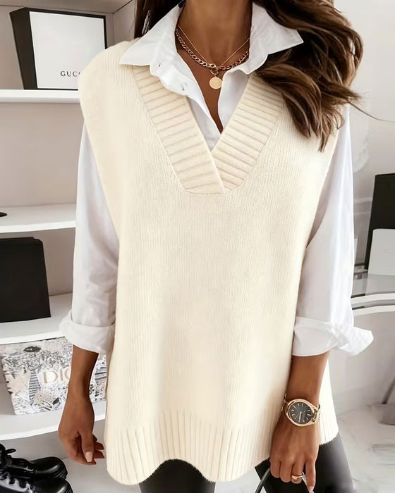 Pullover V-Hals Solid Ärmlös Väst