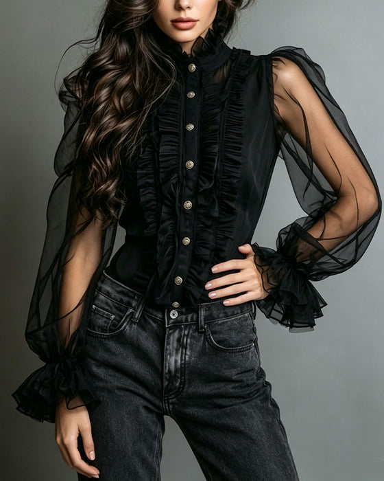 Blus Knapp Ruffle Trendig