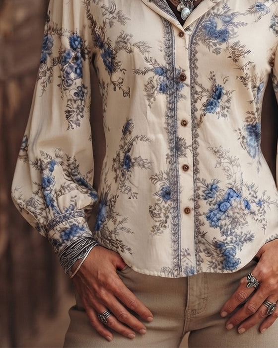 Vintage-Stil Blommig Långärmad Skjorta Med Krage