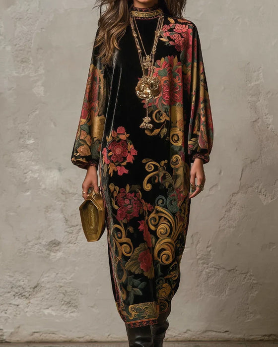 Klänning Mock-Neck Floral Velvet Långärmad Maxi