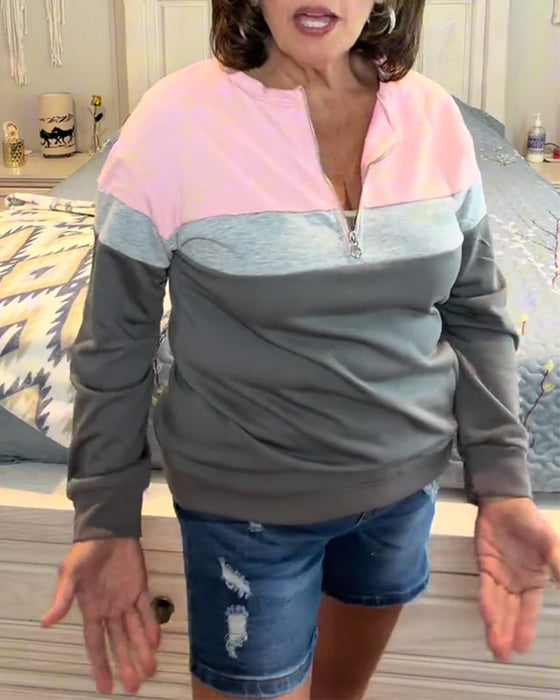 Sweatshirt Med Dragkedja, Ståkrage Och Färgblockering Långärmad