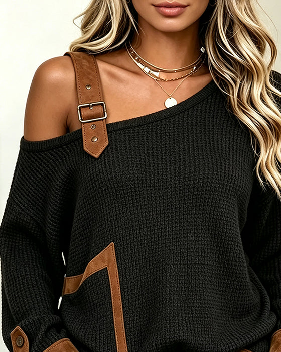 Blus Axelbar Asymmetrisk Hals Spliced