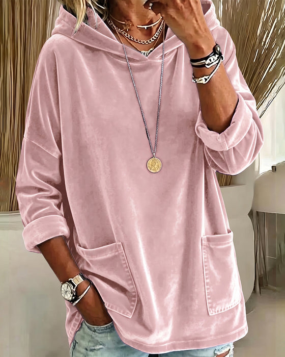 Sweatshirt Enfärgad Ficka Med Huva