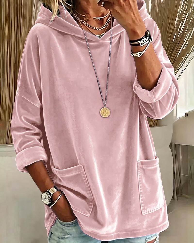 Sweatshirt Enfärgad Ficka Med Huva
