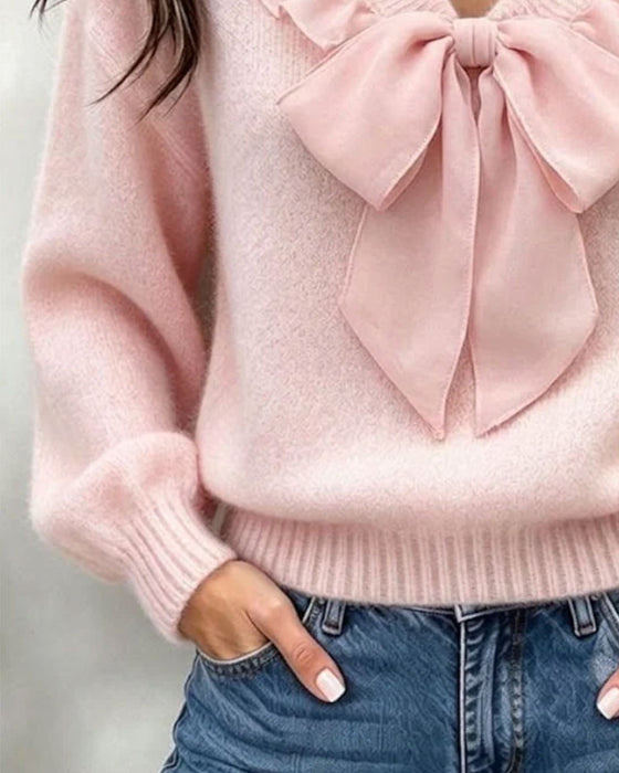 V-Ringad Enfärgad Långärmad Pullover Med Rosettdetalj
