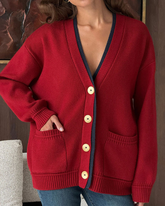 Cardigan V-Hals Knapp Färgblock Ficka