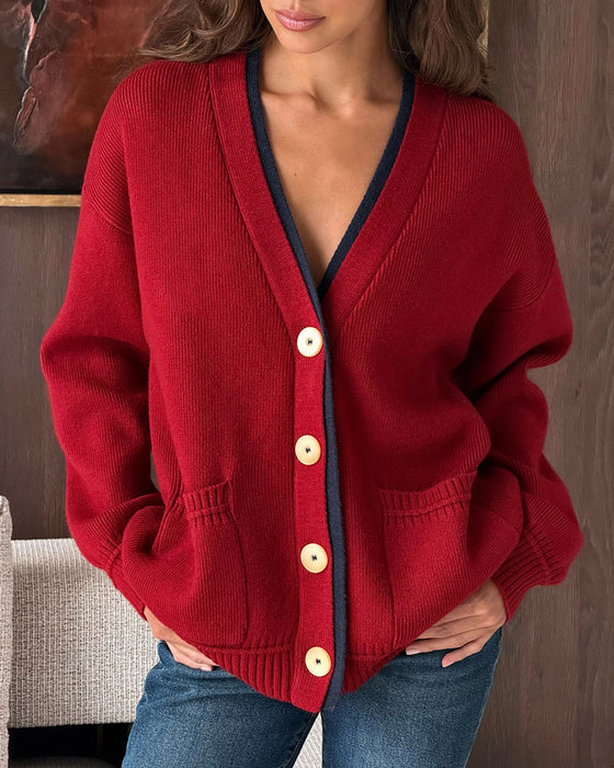 Cardigan V-Hals Knapp Färgblock Ficka
