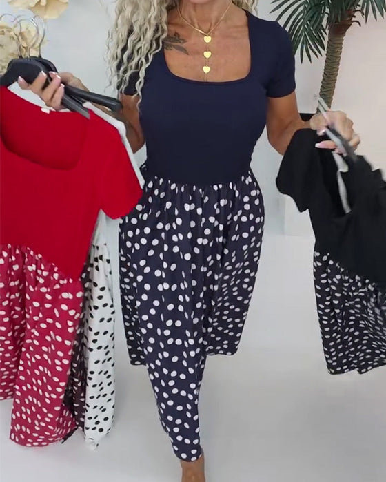 Klädning Fyrkantig Hals Polka Dot Patchwork