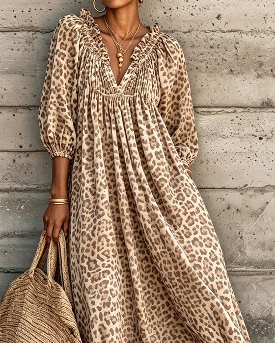 Klänning Leopard Tryck V-Hals Puff Ärm