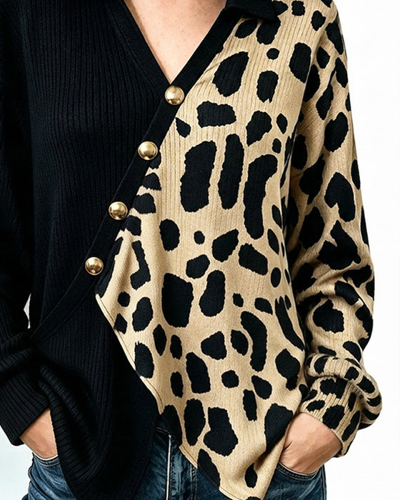 Pullover Leopard Patchwork Asymmetrisk Knappslå Färgblock