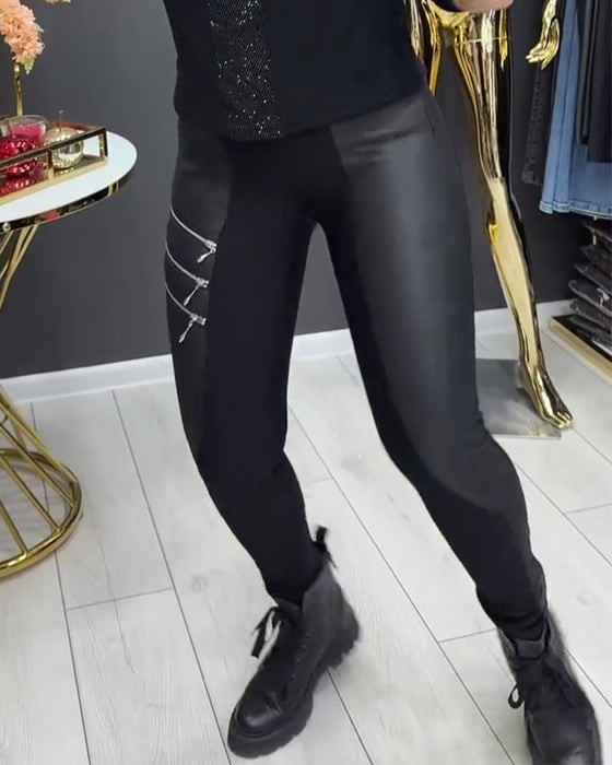 Leggings PU Lapptäcke Dragkedja Utsmyckad
