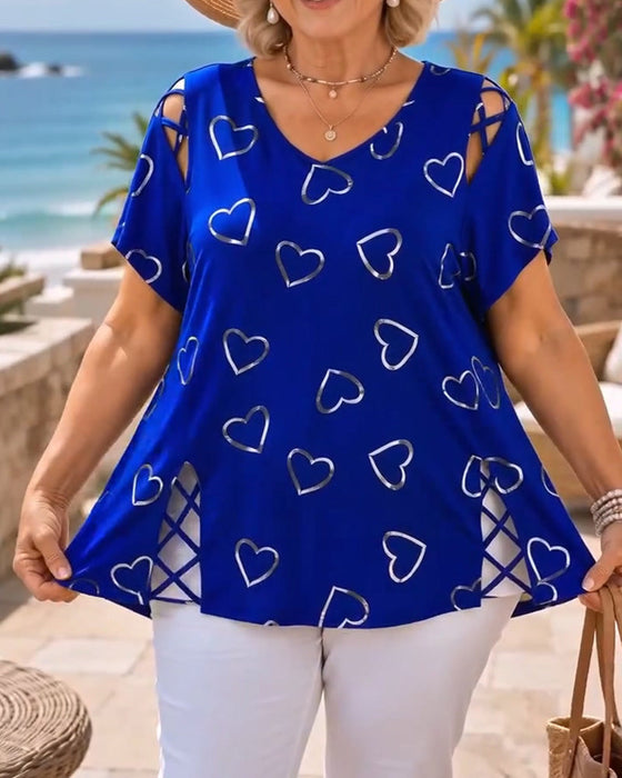 T-Shirt Hjärtmönster Genombruten Kortärmad