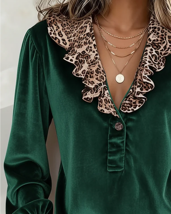Topp V-Hals Knapp Ruffle Leopard