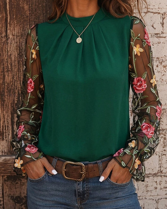Blus Mode Blommig Mandarin Krage