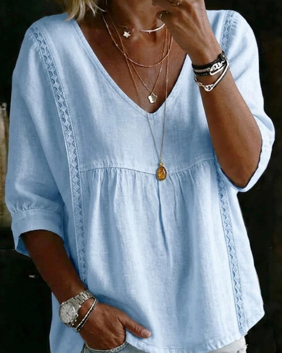 Blus Ruffle Kant V-Hals Armbågslång Ärm