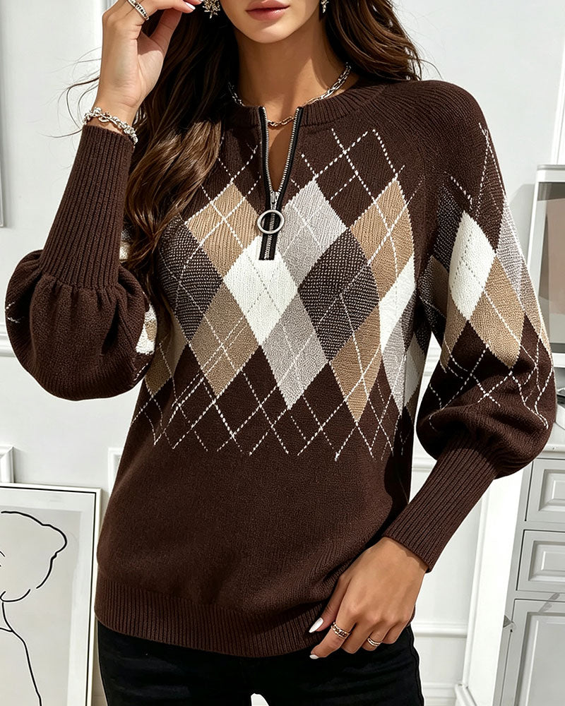 Tröja Rutmönster Jacquard Halv-Zip Lykta Ärm