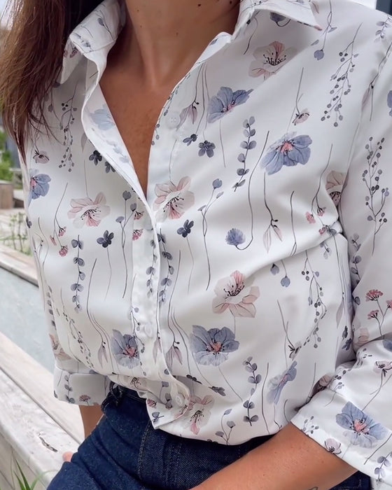 Elegant tröja med trekvartsärm i lapel med blommigt tryck