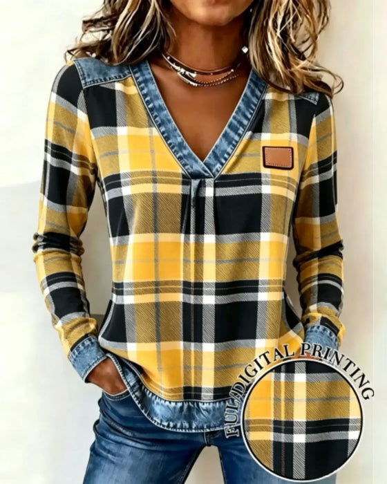 Topp V-Hals Rutig Denim Patchwork